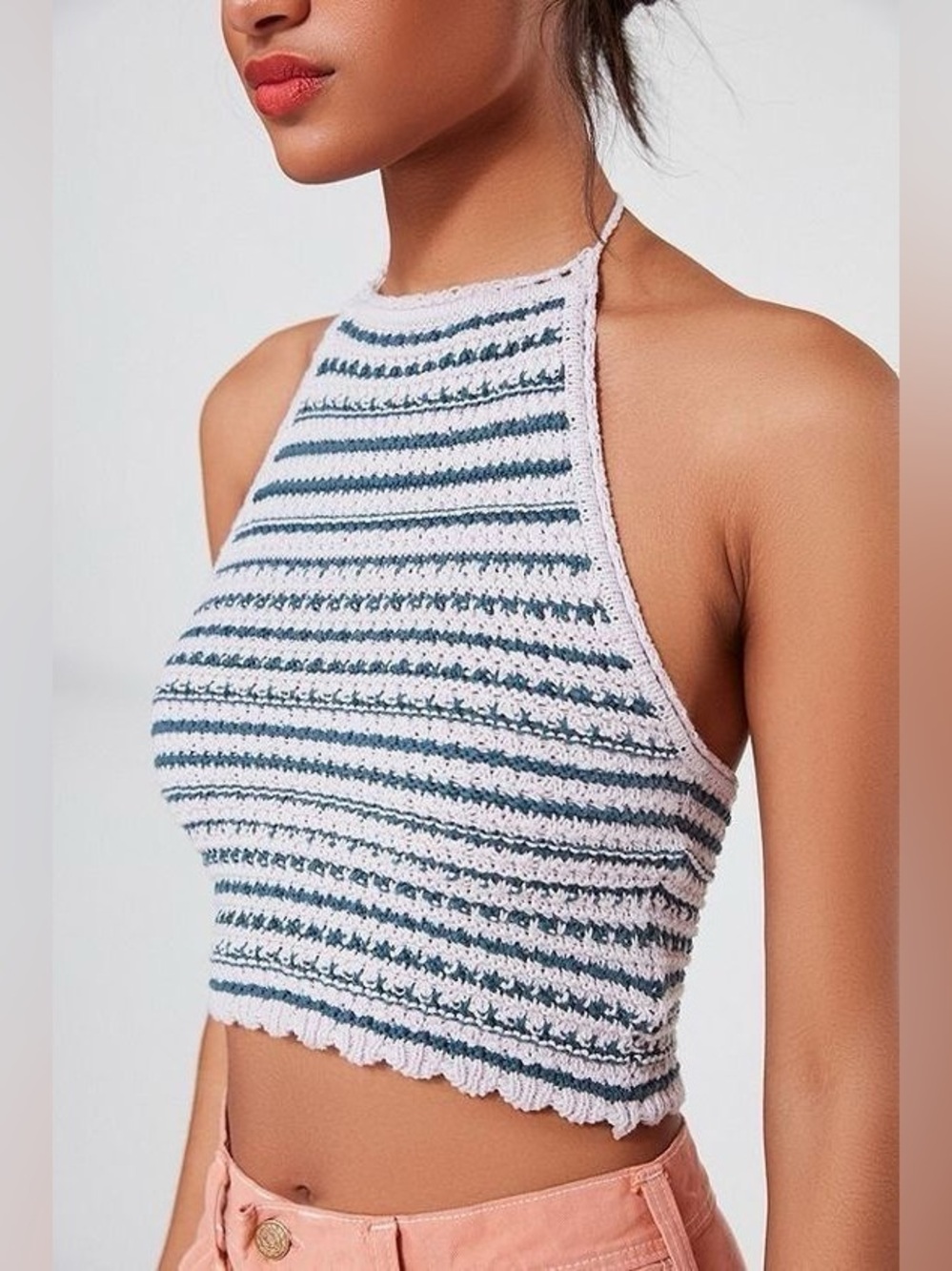 Urban Outfitters Millie Crochet Halter Top Striped Open Back Cotton S